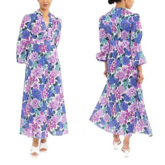 Womens Zimmermann Poppy Plunge V-Neck Floral Blue Purple Linen Maxi Dress 1/S